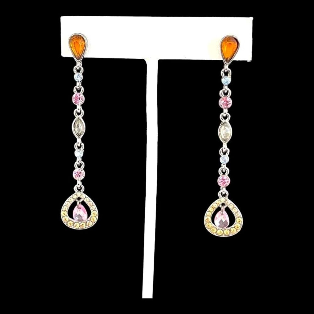 Vintage 1990s Earrings Hematite Tone Pastel Crystal Dangle Drop - 1Q